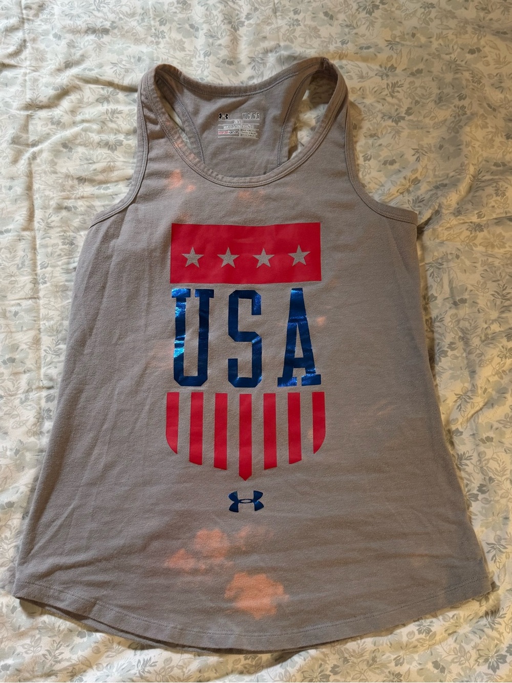 Under Armour Girls' Gray Tank Top with Red & Blue USA Graphic